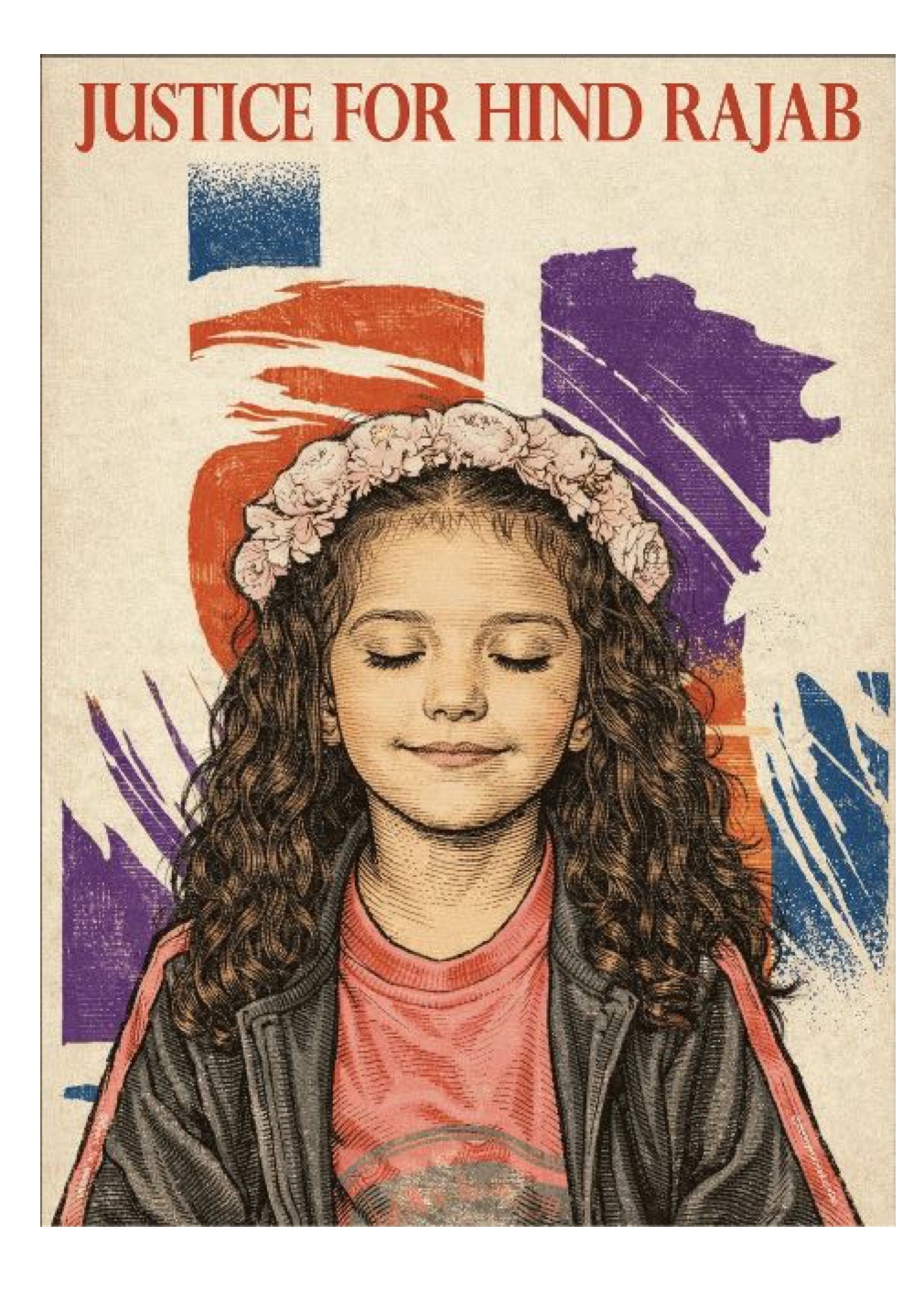 Poster of a young girl with closed eyes wearing a flower crown, against orange, purple, and blue paint strokes, titled "Justice for Hind Rajab".