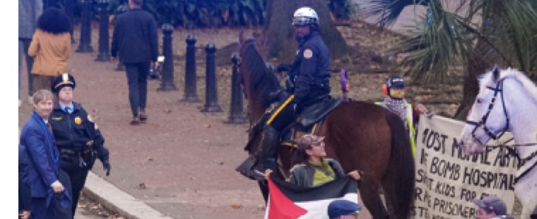 Protester holding a Palestinian flag beside mounted police officers on a city street.